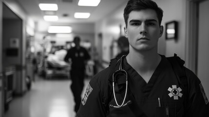 Fototapeta premium Hospital rush with paramedics arriving with patients to the ER. Featuring urgent care and teamwork in high-pressure situations