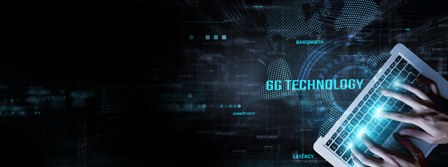6G Technology: Businessman data analysis for performance and ultra-fast connectivity, low latency, AI-driven networks, and next-generation communication.