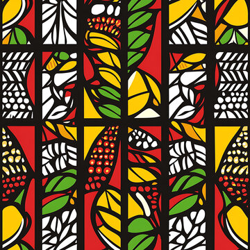 Abstract Stained Glass Seamless Pattern Colorful Geometric Foliage Grid Background Vector