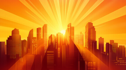 Fototapeta premium Golden hour skyscrapers: a city's majestic sunrise. Metropolis of Light Beams. Illustration