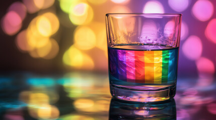A Creative Macro Photograph of an LGBTQI Flag Pattern Reflected in a Glass of Water, Evoking Themes of Diversity, Clarity, and Fluidity in Identity