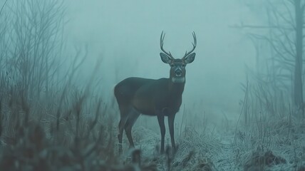 A majestic deer stands in a misty forest, its antlers prominent against a muted blue-green background. The scene evokes a sense of mystery and