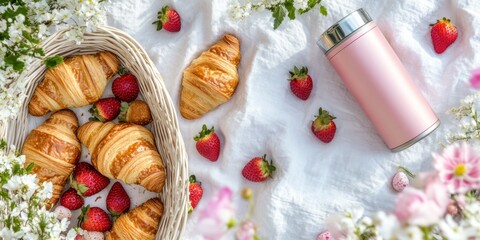 Festive Easter picnic scene with croissants, strawberries, and flowers on a white blanket