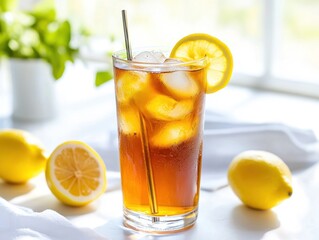 Refreshing honey lemon iced tea in tall glass with ice for summer enjoyment