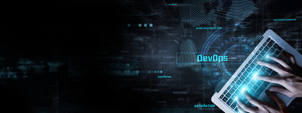 DevOps (Development and Operations): Businessman data analysis for performance and continuous integration, automation, deployment pipelines, and collaboration efficiency.