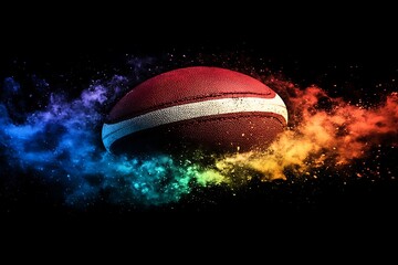 A colorful football with vibrant dust particles suspended in the air