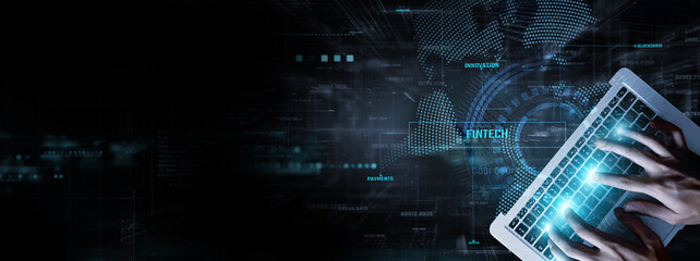 Fintech: Businessman data analysis for performance and digital payments, blockchain technology, financial security, and investment analytics.