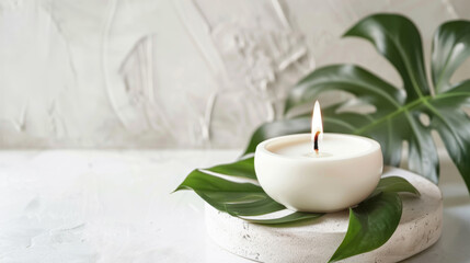 burning wax candle and monstera leaf