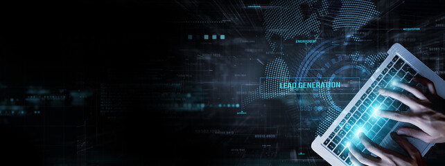 Lead Generation: Businessman data analysis for performance and customer acquisition, conversion...