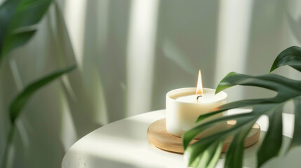 burning wax candle and monstera leaf