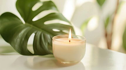 burning wax candle and monstera leaf