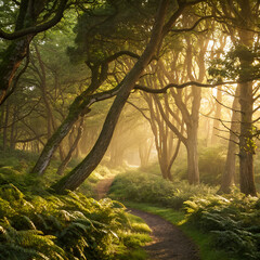 Fototapeta premium golden rays cascade through verdant tapestry of a lush woodland, casting ethereal patterns of luminescence upon enchanted forest floor