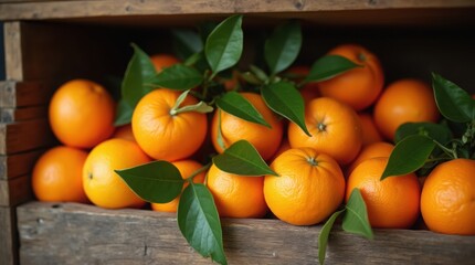 fresh orange in a wooden box, closeup