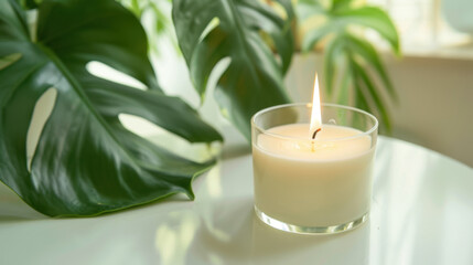 burning wax candle and monstera leaf