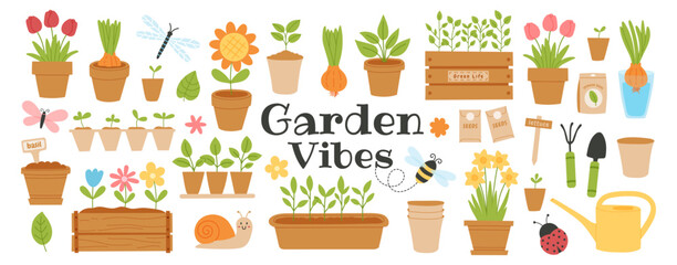 Set of cute garden tools, spring plants and flowers, insects with Garden Vibes lettering text. Hand drawn vector illustration