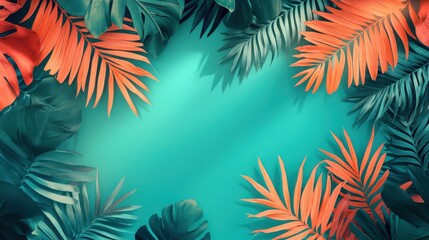 Vibrant Tropical Foliage Frame with Turquoise Background and Artistic Flair
