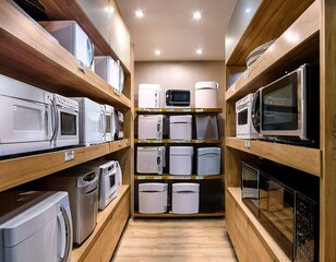 Freidoras de aire modernas, heladeras, cocinas y electrodomésticos de cocina exhibidos en estantes de madera en una tienda