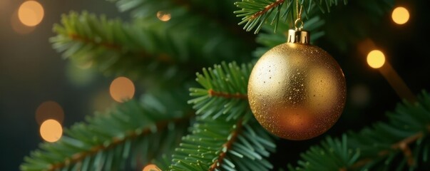Golden Christmas ball suspended in mid-air over greenery, fir, festive decor
