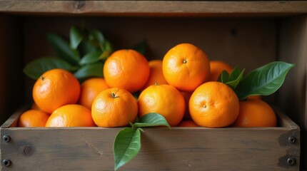fresh orange in a wooden box, closeup