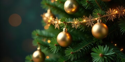 Fototapeta premium Golden Christmas ornaments on a garland wrapped around a festive evergreen tree, garland, winter wonderland, holiday decorations