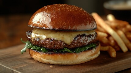 Gourmet burger, fries, restaurant, wood, close-up, melted cheese, delicious, food photography, advertising