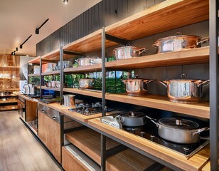 Freidoras de aire modernas, heladeras, cocinas y electrodomésticos de cocina exhibidos en estantes de madera en una tienda