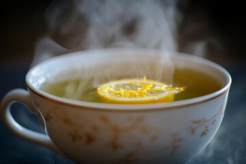 A macro shot captures a steaming cup of green tea, where vibrant lemon zest floats gracefully on the surface. The rich steam rises, enhancing the inviting atmosphere of this cozy drink