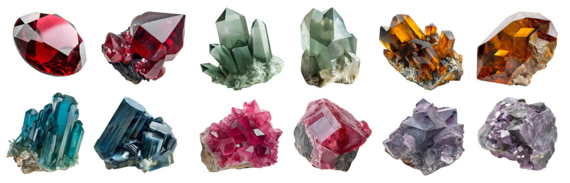 Collection of gemstone mineral rocks crystal semi-precious stones. transparent cutout PNG. Spurrite, Proustite,  Scheelite, Vivianite, Scorodite, Väyrynenite. Many style. Mockup template for design