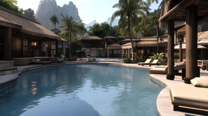 Fototapeta premium Relaxing retreat by the serene water area surrounded by lush greenery and tranquil mountains