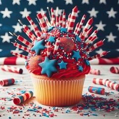 A firecracker-inspired Fourth of July cupcake with explosive sprinkles
