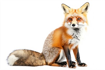 Obraz premium Red fox with fluffy tail sitting gracefully against a white backdrop