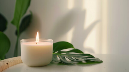 burning wax candle and monstera leaf