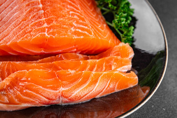 salmon raw fresh fish seafood fresh tasty food dish вelicious gourmet food background on the table rustic food top view copy space pescetarian  diet Vegetarian food