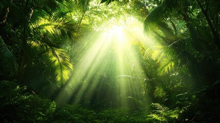 Sunlight streams through dense jungle canopy.  Possible use Nature photography