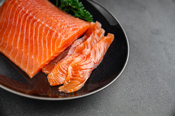 salmon raw fresh fish seafood fresh tasty food dish вelicious gourmet food background on the table rustic food top view copy space pescetarian  diet Vegetarian food