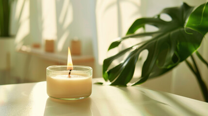 burning wax candle and monstera leaf