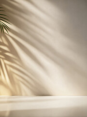 Minimalistic light background with blurred foliage shadow on beige wall