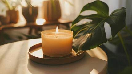burning wax candle and monstera leaf