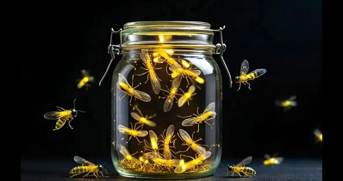 Fireflies in the glass jar. 4k video