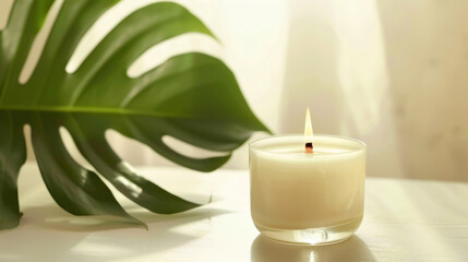 burning wax candle and monstera leaf