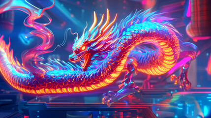 Glowing neon dragon with vibrant colors in cyber world setting, showcasing intricate pixel art details. Cybernetic Mythological Dragon. Illustration