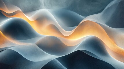 Abstract rendered waves of blue and gold appear floating in space