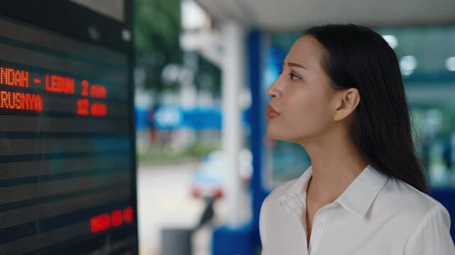 Asian Business Girl Stands By The Arrival Information Board Standing in the Station. Manager Reads Information From The Board And Waits For The Metro. Railroad Transport Concept