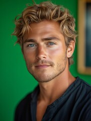 Fototapeta premium Portrait of blond male model with green eyes and casual shirt