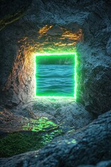 Glowing green neon square on rocky surface with water in view