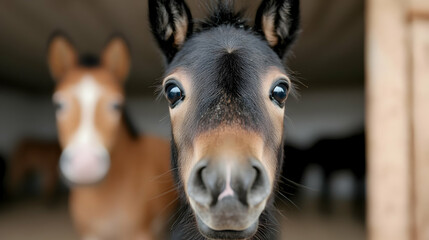 Fototapeta premium Curious foal in stable, another blurred behind. Perfect for equestrian websites
