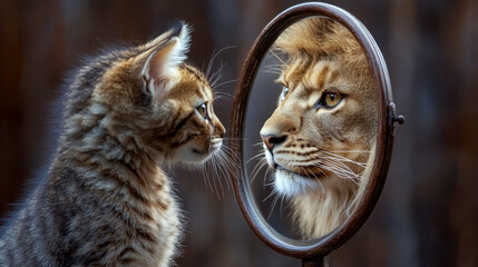 A small cat looks into a mirror, seeing a lion's reflection. Concept of self-image, confidence, illusion. For motivational posters or self-esteem articles.