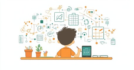 Child drawing at desk surrounded by technology and creative tools