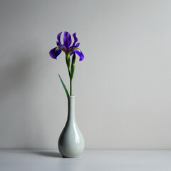 A striking purple iris in a minimalist ceramic vase, dramatically lit to create a moody and artistic still life composition
