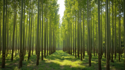 Naklejka premium Tall, Straight Trees Towering in a Bright Summer Forest, With Sunlight Filtering Through the Canopy, Creating a Serene Backdrop That Offers Ample Space for Creative Additions